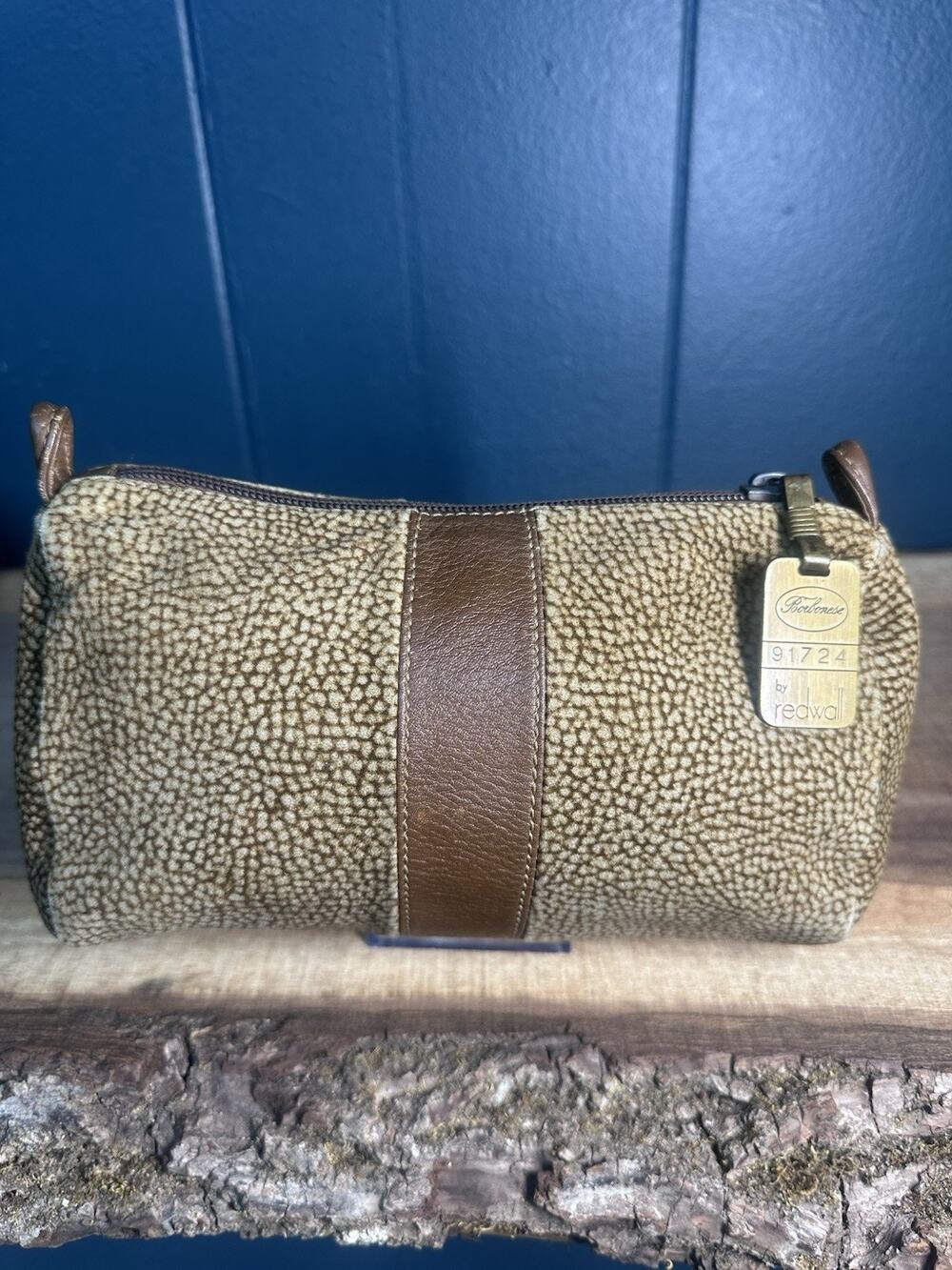 Borbonese Vintage OP Print Cosmetic Bag Barrel Pouch Brown Leather Made In Italy